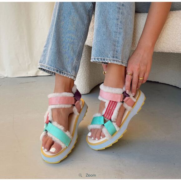 Emu Australia Raven Platform Furry Sandals Women's 6 Pink Teal Purple - Picture 2 of 8